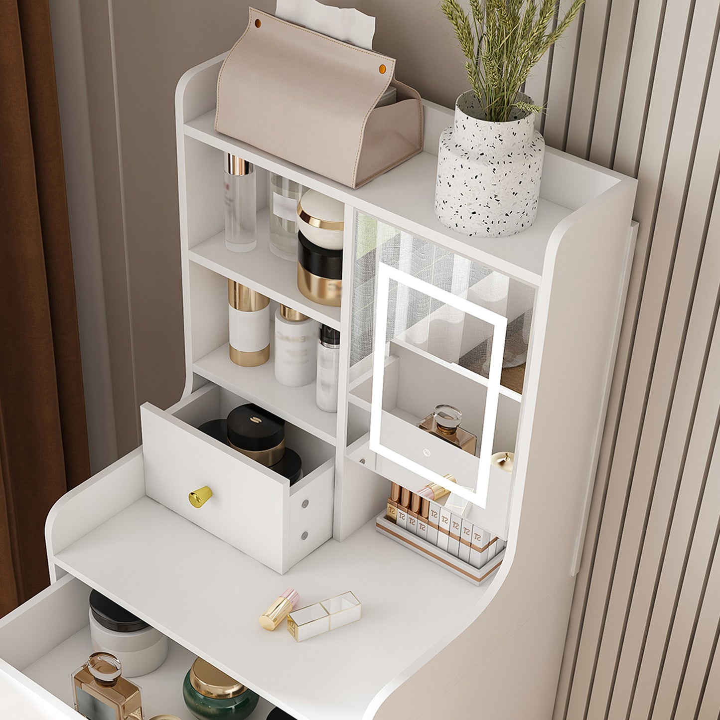 3-in-1 Dressing Table with LED Mirror & Storage Stool - Compact Makeup Vanity with 4 Drawers, Storage Cabinet & Hidden Stool, White Density Board Design, Open Bookshelf for Bedroom Organization image 4