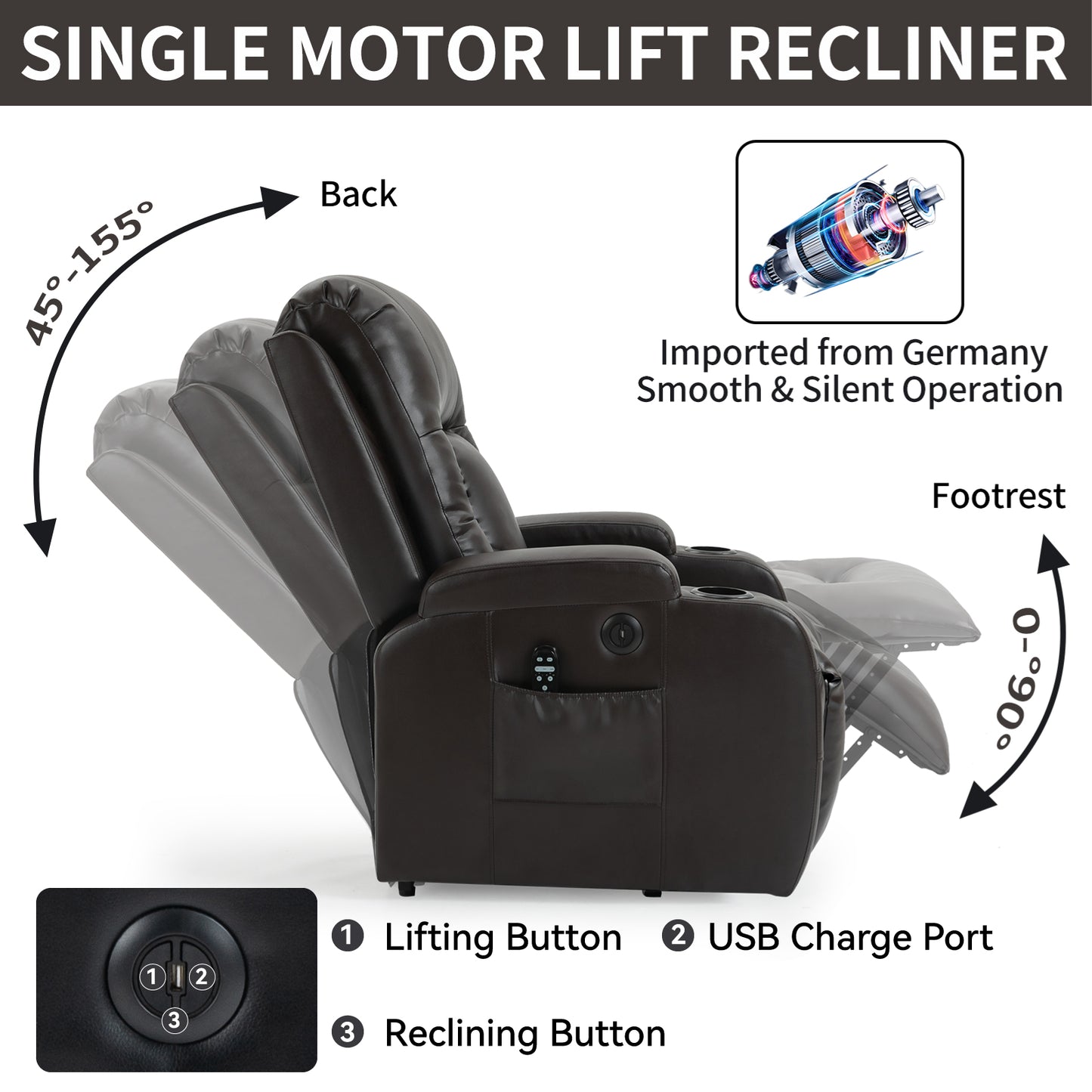 Infinite Position Up to 350 LBS Power Lift Recliner Chair for Elderly, Heavy Duty Motion Mechanism with 8-Point Vibration Massage and Lumbar Heating, USB Charging Port, Cup Holders, Brown image 5