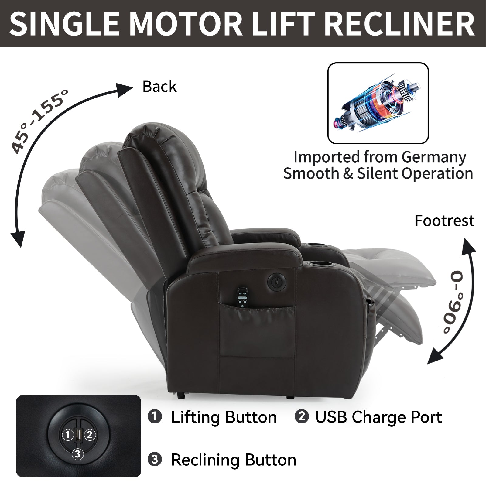 Infinite Position Up to 350 LBS Power Lift Recliner Chair for Elderly, Heavy Duty Motion Mechanism with 8-Point Vibration Massage and Lumbar Heating, USB Charging Port, Cup Holders, Brown image 5