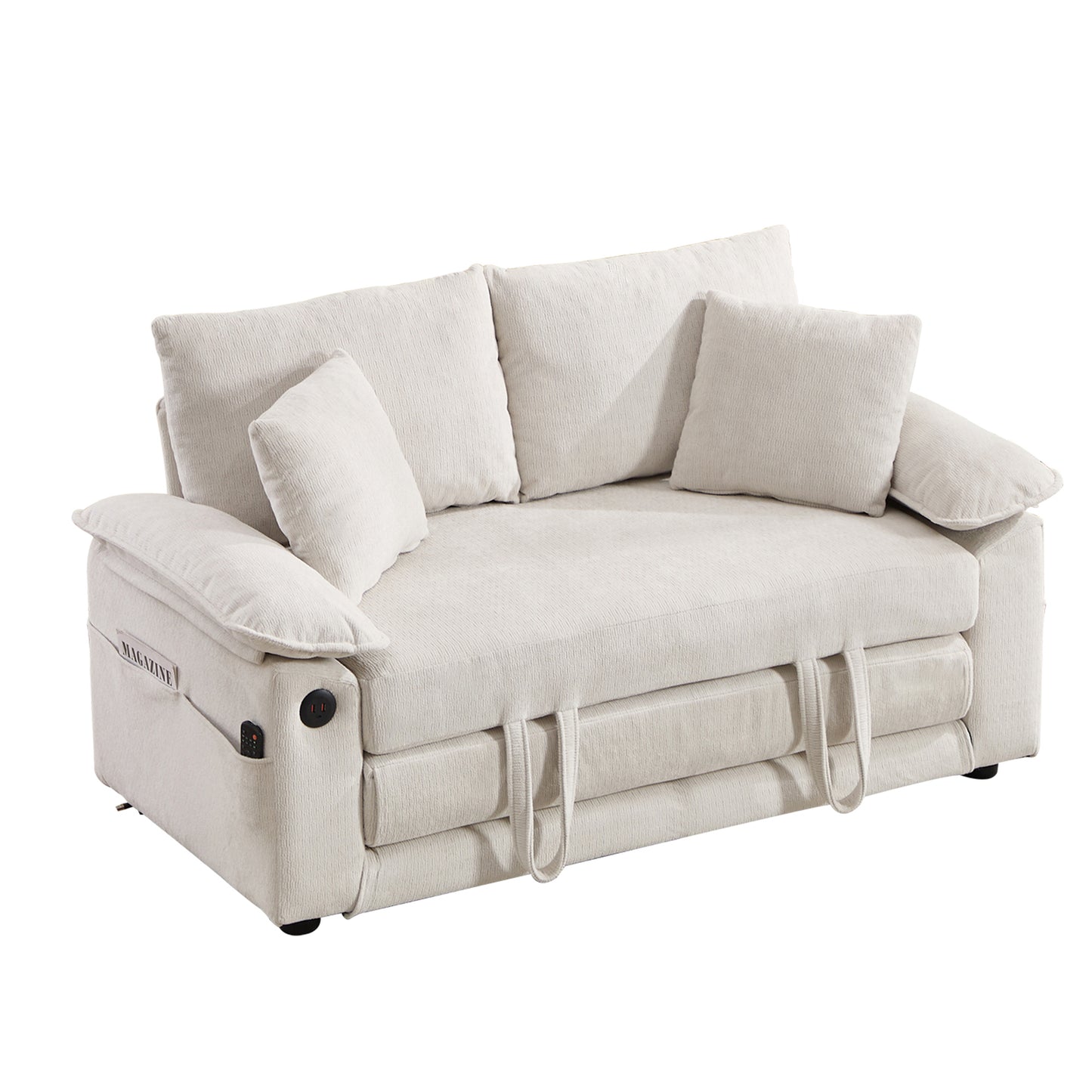 58 inch 3-in-1 Upholstered Futon Sofa Convertible Floor Sofa bed,Foldable Tufted Loveseat with Pull Out Sleeper Couch Bed,Folding Mattres Love Seat Daybed W/Side Pockets for Living Room White image 8