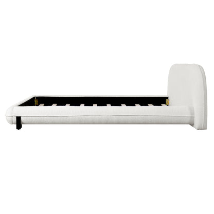 California King Size Bed Frame with Boucle Fabric, Upholstered Platform Bed with Curve-Shaped Design & Thick Headboard, White image 9