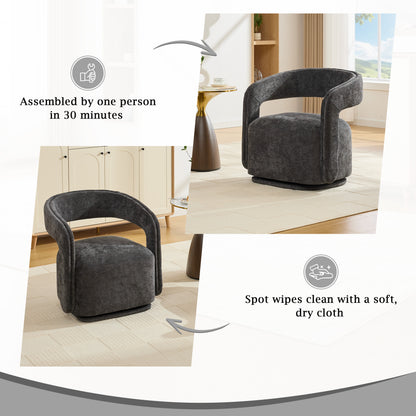 065-Chenille Fabric Swivel Accent Armchair, Comfy Barrel Leisure Chair With Curved Backrest, Upholstered Reading Chair With Black Swivel Base, 22-inch large seat depth and width, Dark Gray image 8