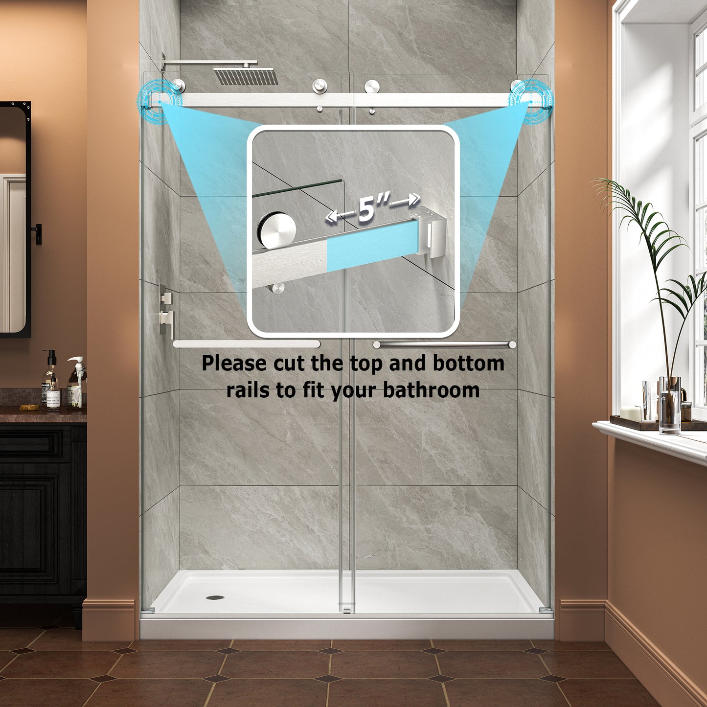 55"-60" W x 76" H Brushed Nickel Reversible Installation Double Bypass Sliding Shower Door Easy Installation Frameless Shower Door,5/16"(8MM) Tempered Glass With Nano Explosion-proof Film image 4