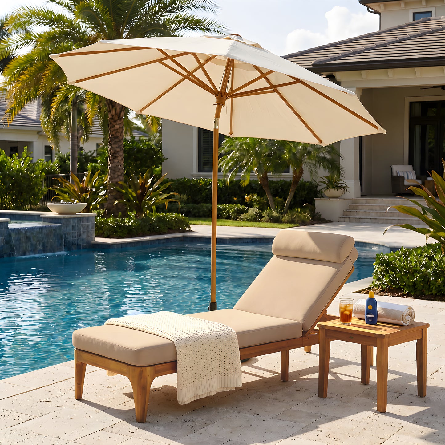 TOPMAX Acacia Wood Chaise Lounge, Outdoor Sun Lounge Chair, Patio Recliner with Adjustable Backrest and Head Pillow for Poolside, Backyard, Garden, Indoor&Outdoor, set of 2, Coffee Brown image 4