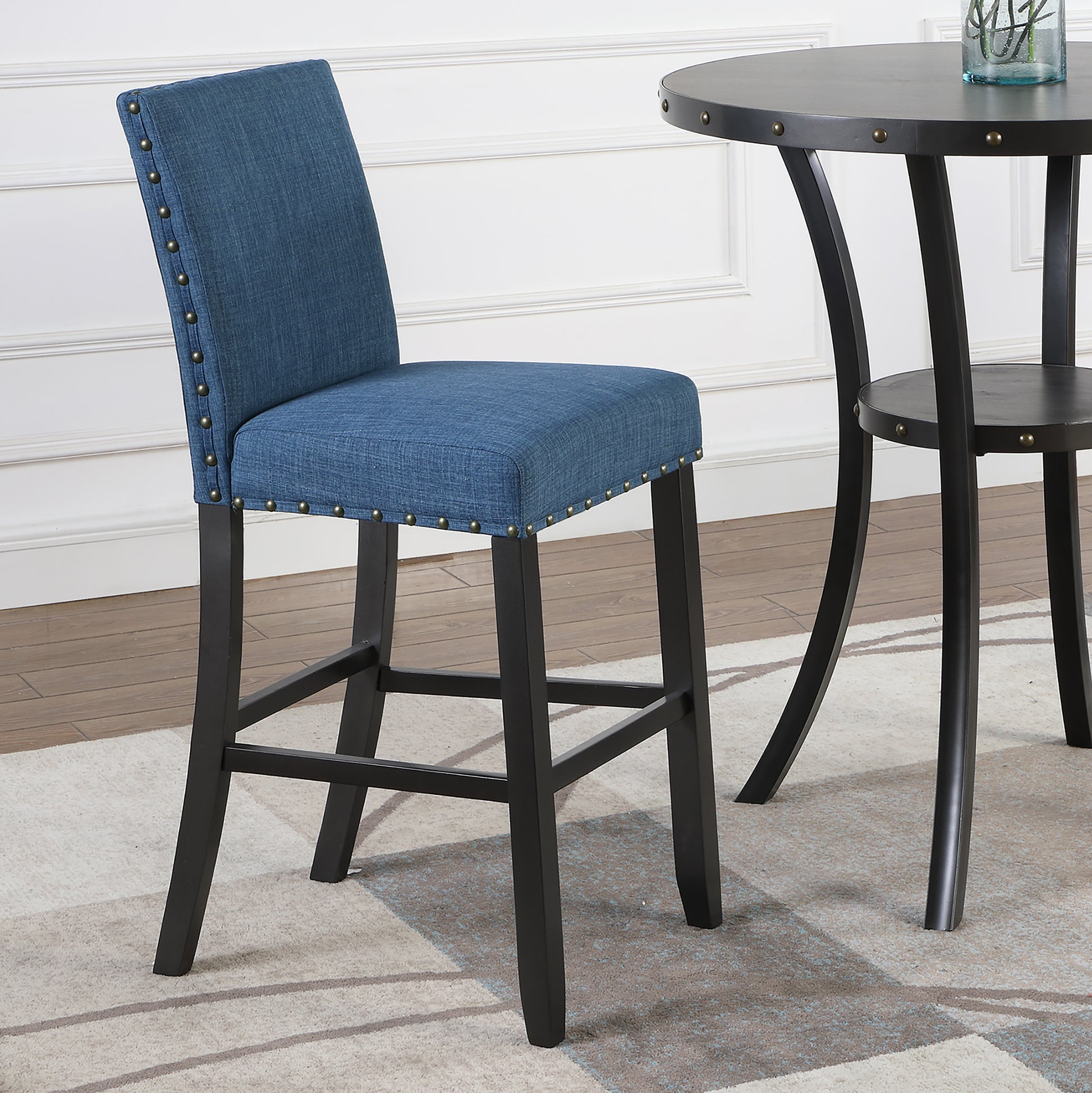 Biony 3-Piece 36" Round Espresso Finish Bar Table with 2 Blue Fabric Nail Head Pub Chairs image 4