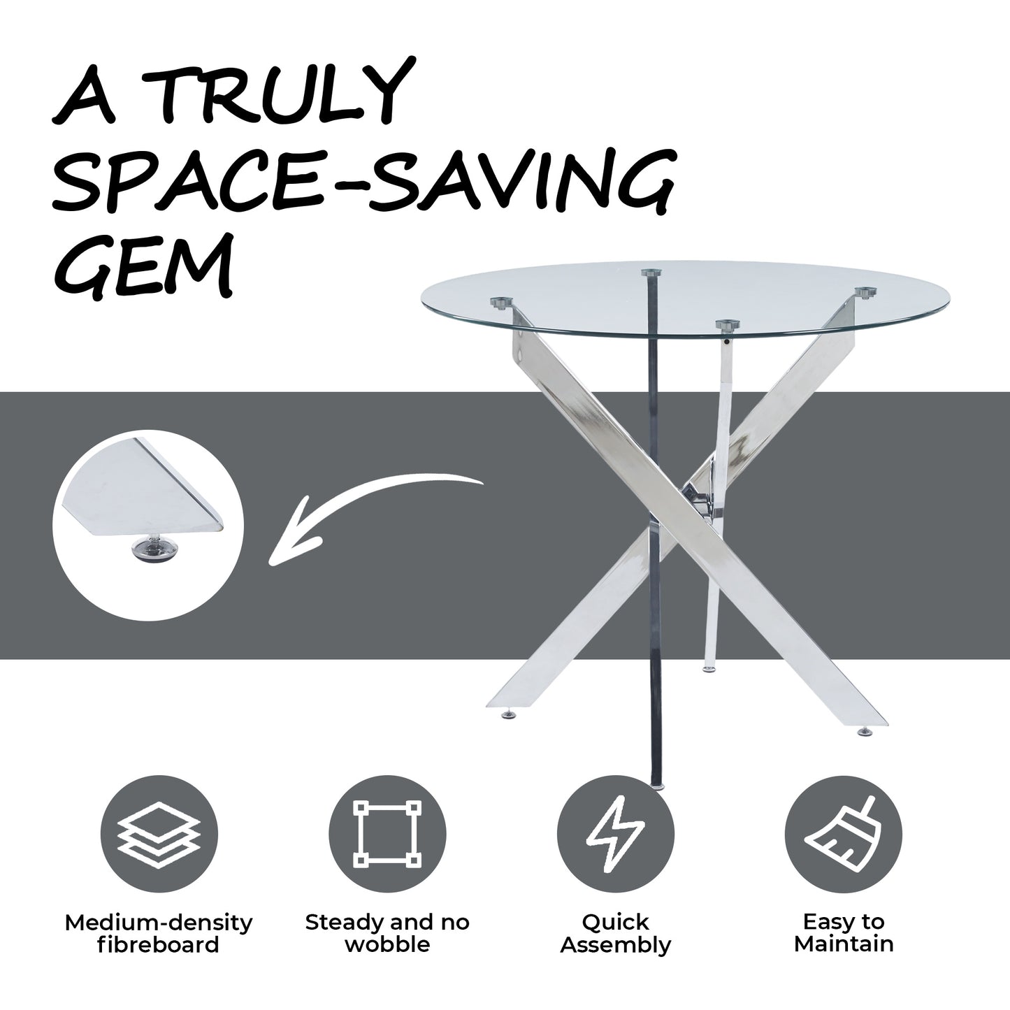 Dining Table with cross metal leg and tempered glass,Modern Space Saving Kitchen Table for Living Room,chrome legs image 4