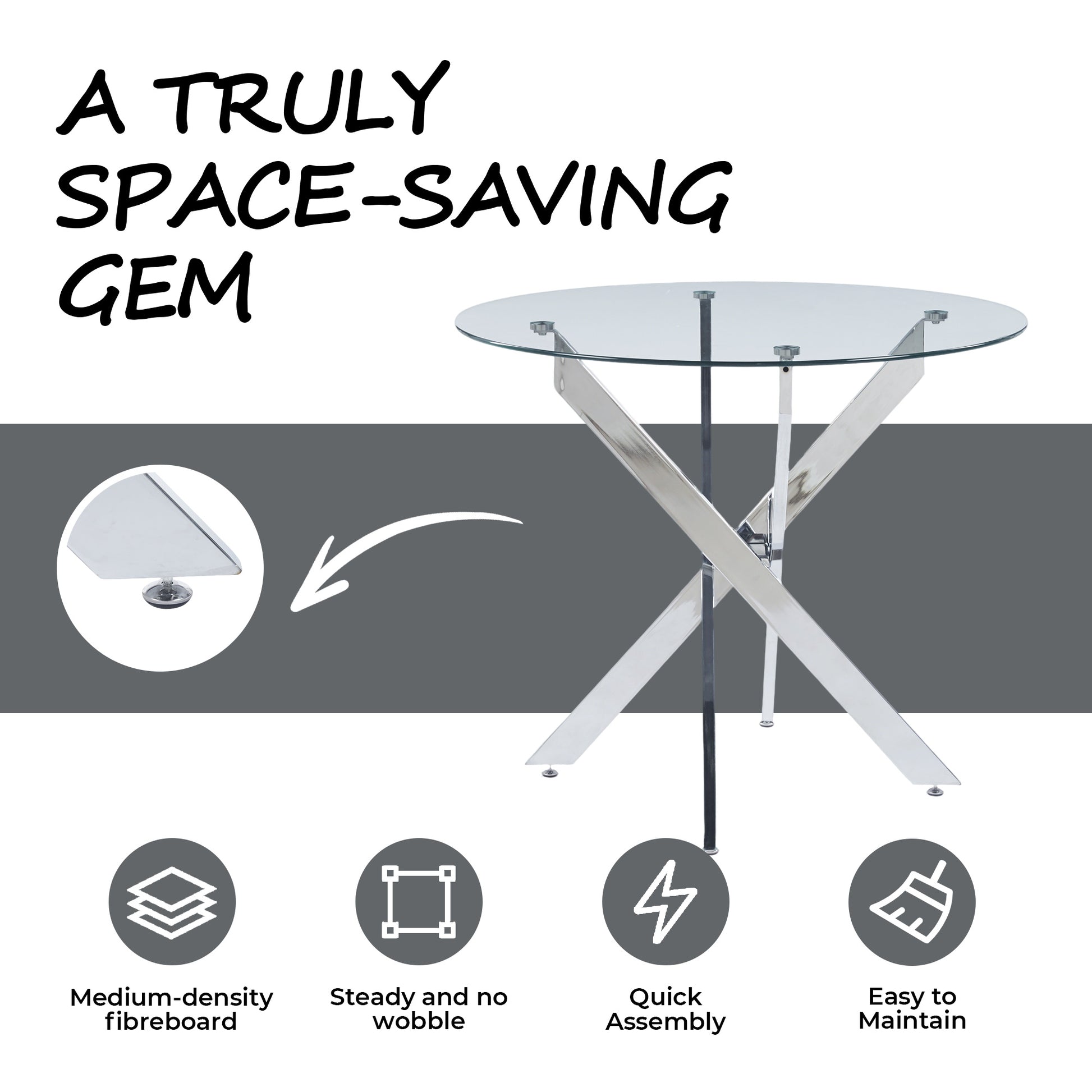 Dining Table with cross metal leg and tempered glass,Modern Space Saving Kitchen Table for Living Room,chrome legs image 4