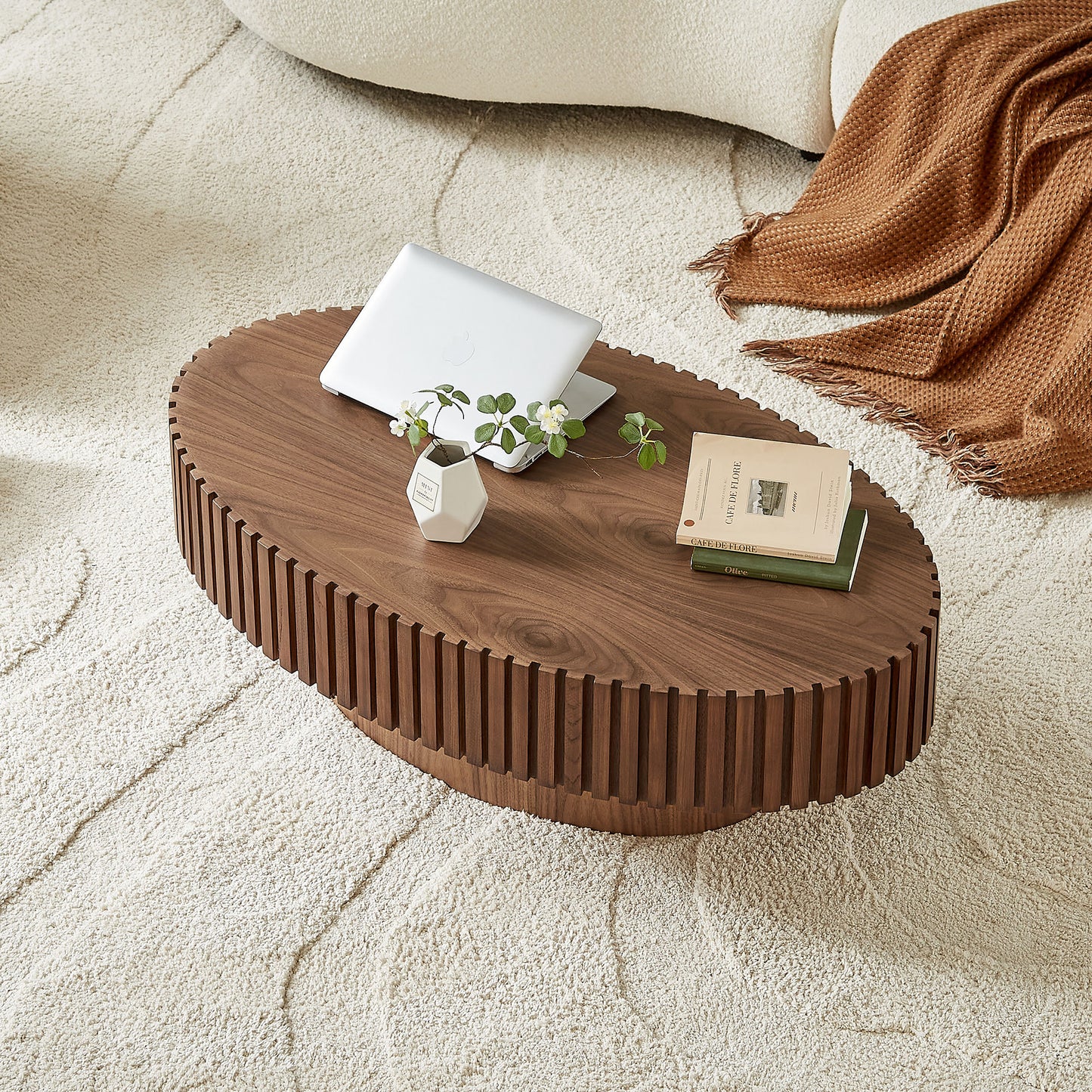 Modern Handcraft Drum Coffee Table Length 43.7 inch Ellipse Coffee Table for Living Room,Oval Small Coffee Table with Sturdy Pedestal,Walnut MDF,W2582P251185 image 12