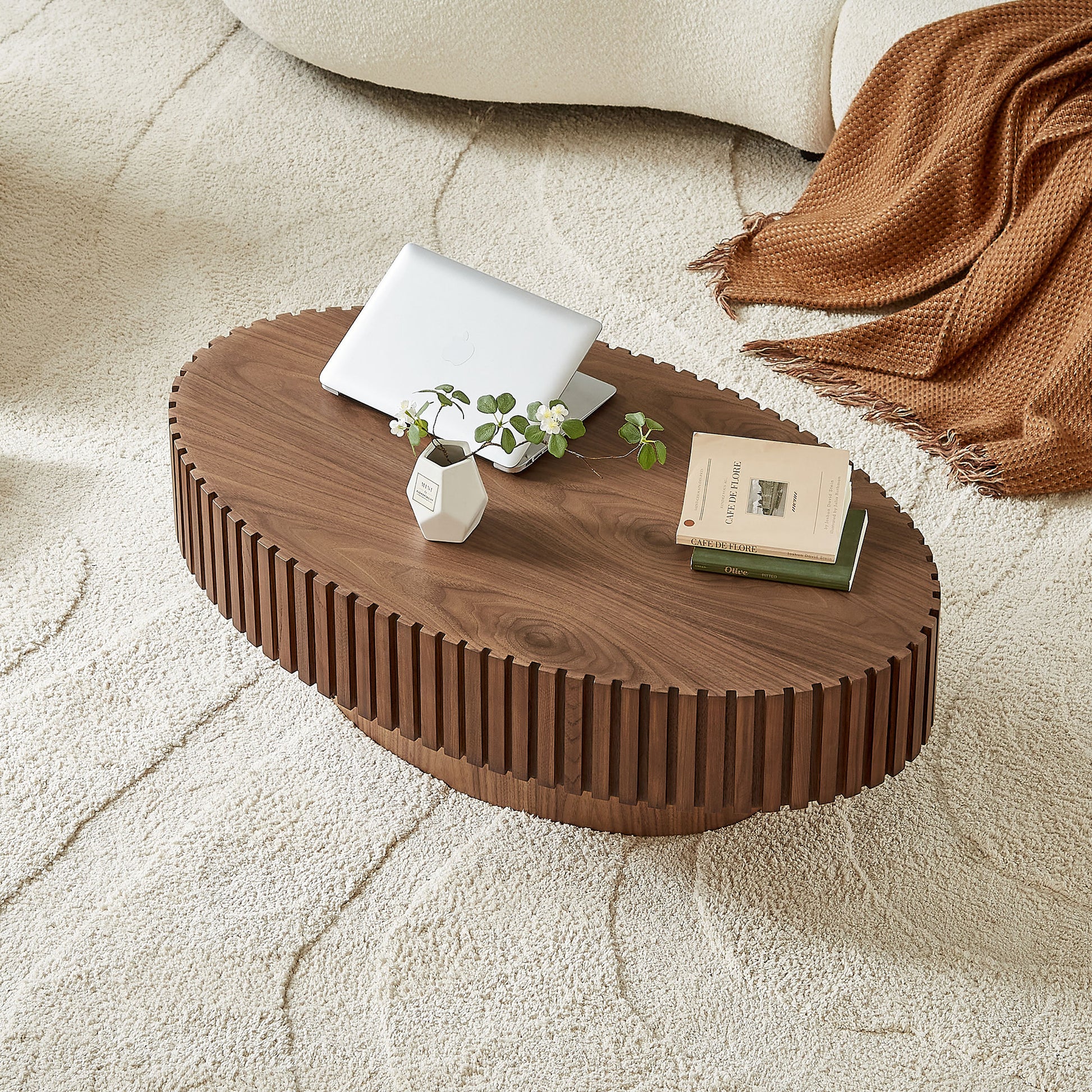 Modern Handcraft Drum Coffee Table Length 43.7 inch Ellipse Coffee Table for Living Room,Oval Small Coffee Table with Sturdy Pedestal,Walnut MDF,W2582P251185 image 12