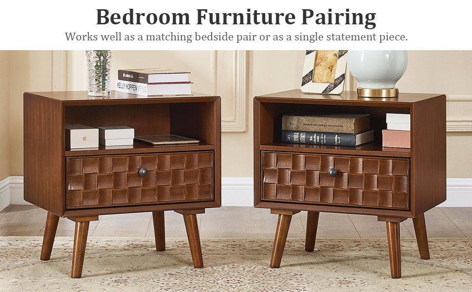 22" Mid-Century Modern Wood Nightstand with Carved Geometric Drawer Front, 1 Drawer and Open Shelf, Solid Wood Legs, Bedside Table for Bedroom image 6