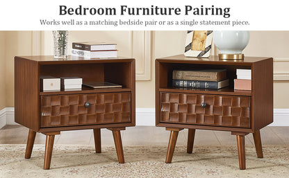22" Mid-Century Modern Wood Nightstand with Carved Geometric Drawer Front, 1 Drawer and Open Shelf, Solid Wood Legs, Bedside Table for Bedroom image 6
