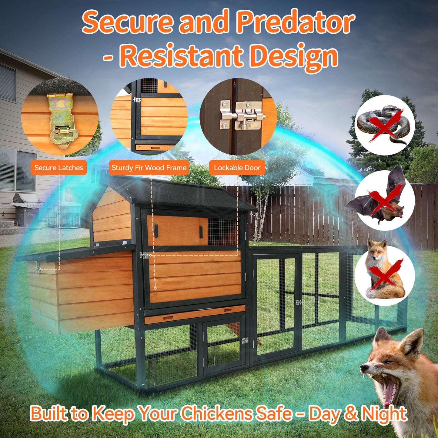 brown+black Wooden Chicken Coop, Large Outdoor Hen House with Run and Nesting Box Poultry Cage, Rabbit Hutch, Waterproof Anti-UV Panel for Backyard image 10