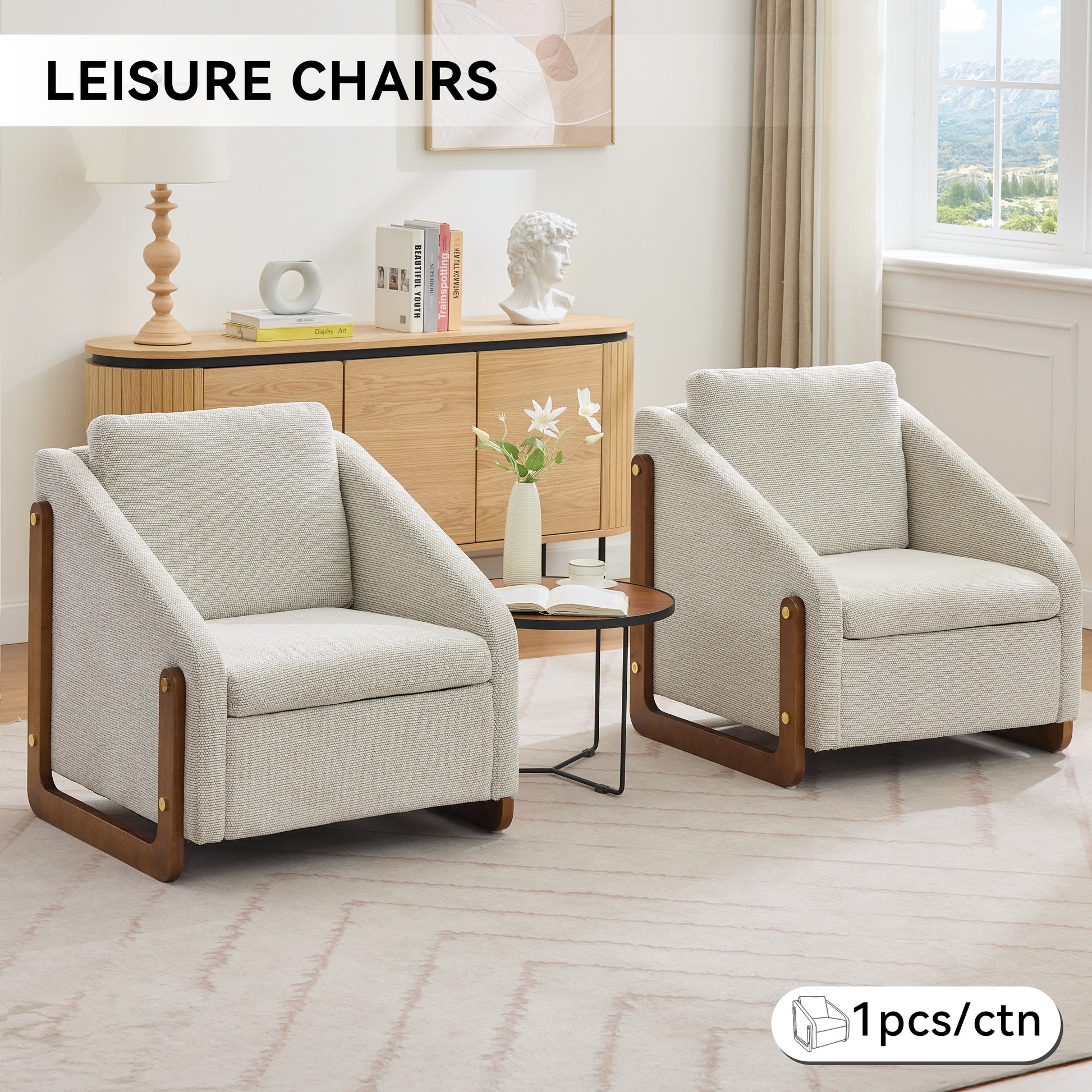 057-Set of 1 Chenille Fabric Modern Upholstered Armchair with Wooden Side Frame, Accent Leisure Chair with Cushioned Seat and Backrest for Living Room, Bedroom,Beige image 7