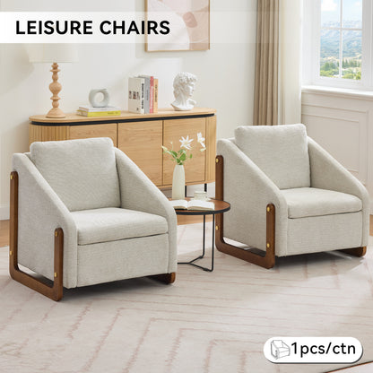 057-Set of 1 Chenille Fabric Modern Upholstered Armchair with Wooden Side Frame, Accent Leisure Chair with Cushioned Seat and Backrest for Living Room, Bedroom,Beige image 7