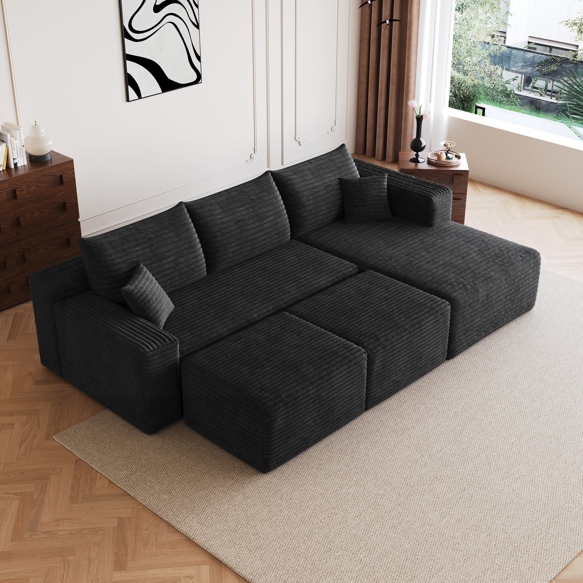 Cloud sectional sofa with ottomans living room setup black corduroy