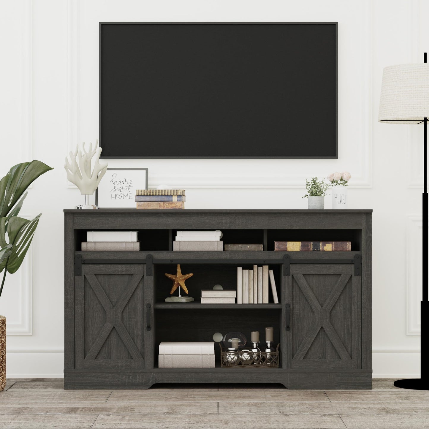 Farmhouse TV Stand with Sliding Barn Door for TVs up to 65+ Inch, 34" Tall Entertainment Center, Wood Media Console Storage Cabinet for Bedroom, Living Room, Dark Grey image 8