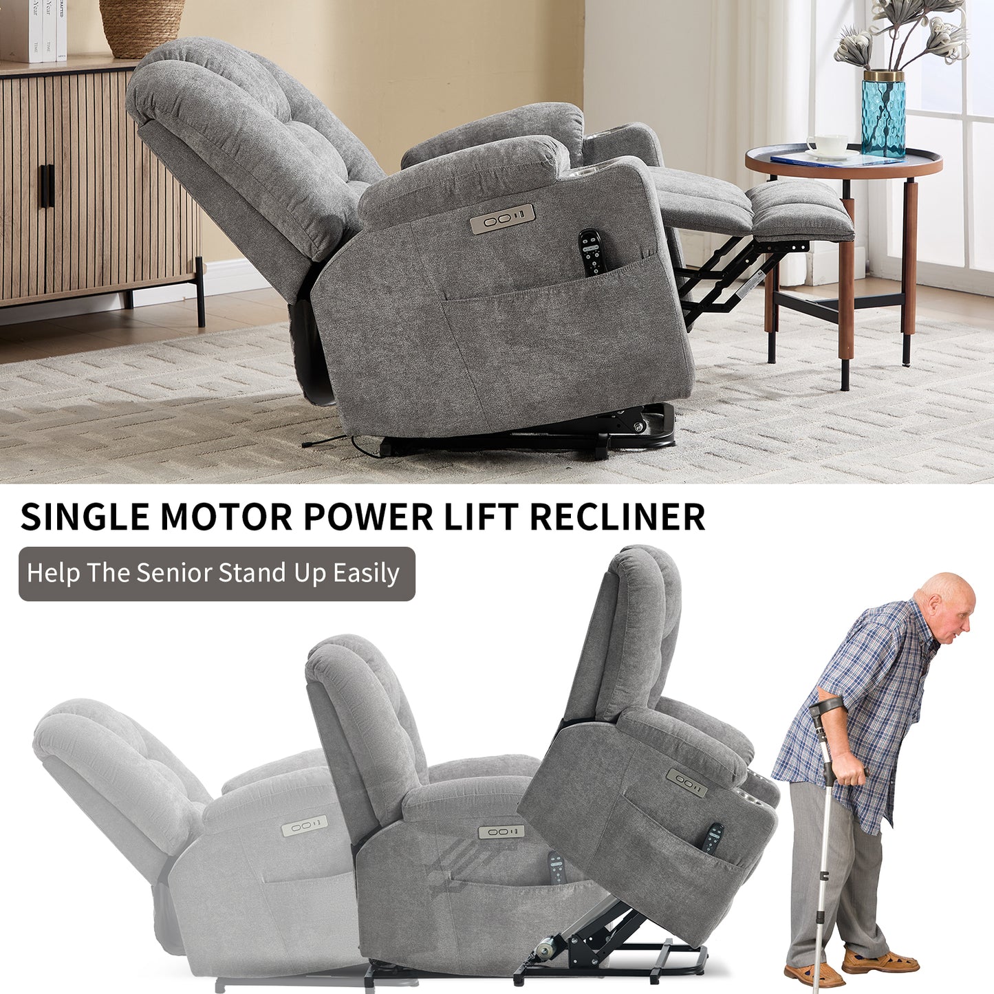 Power Lift Recliner Chair with Massage and Heat for Elderly, Overstuffed Wide Recliners, Heavy Duty Motion Mechanism with USB and Type C Ports, 2 Steel Cup Holders, Light Grey image 9