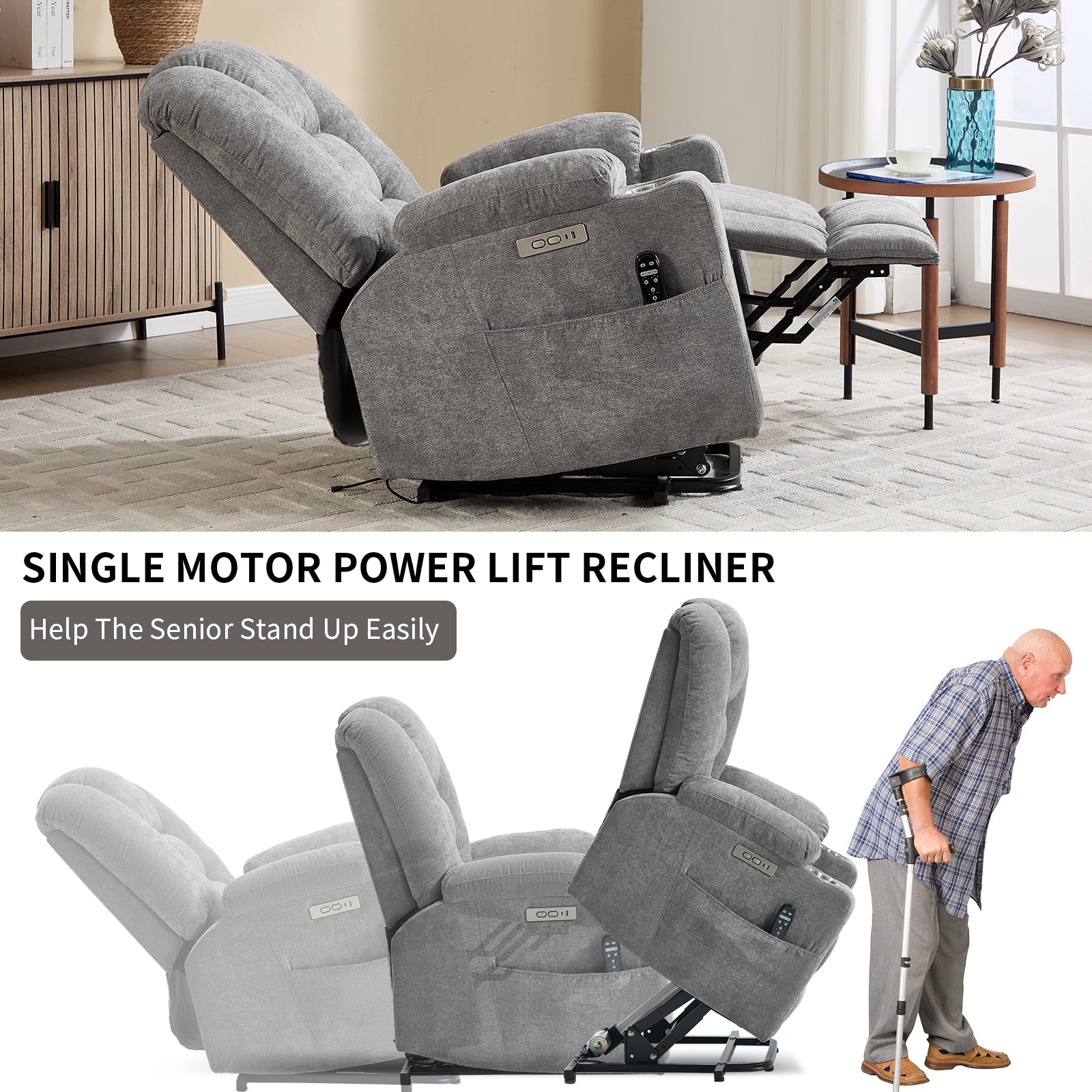 Power Lift Recliner Chair with Massage and Heat for Elderly, Overstuffed Wide Recliners, Heavy Duty Motion Mechanism with USB and Type C Ports, 2 Steel Cup Holders, Light Grey image 9