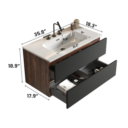 Gloria 36" Wall Mounted Soft Black & Walnut Bathroom Vanity with Integrated Ceramic Sink with 3 holes, with Overflow, Large Storage Floating Bathroom Vanity for Modern Bathroom, KD image 12