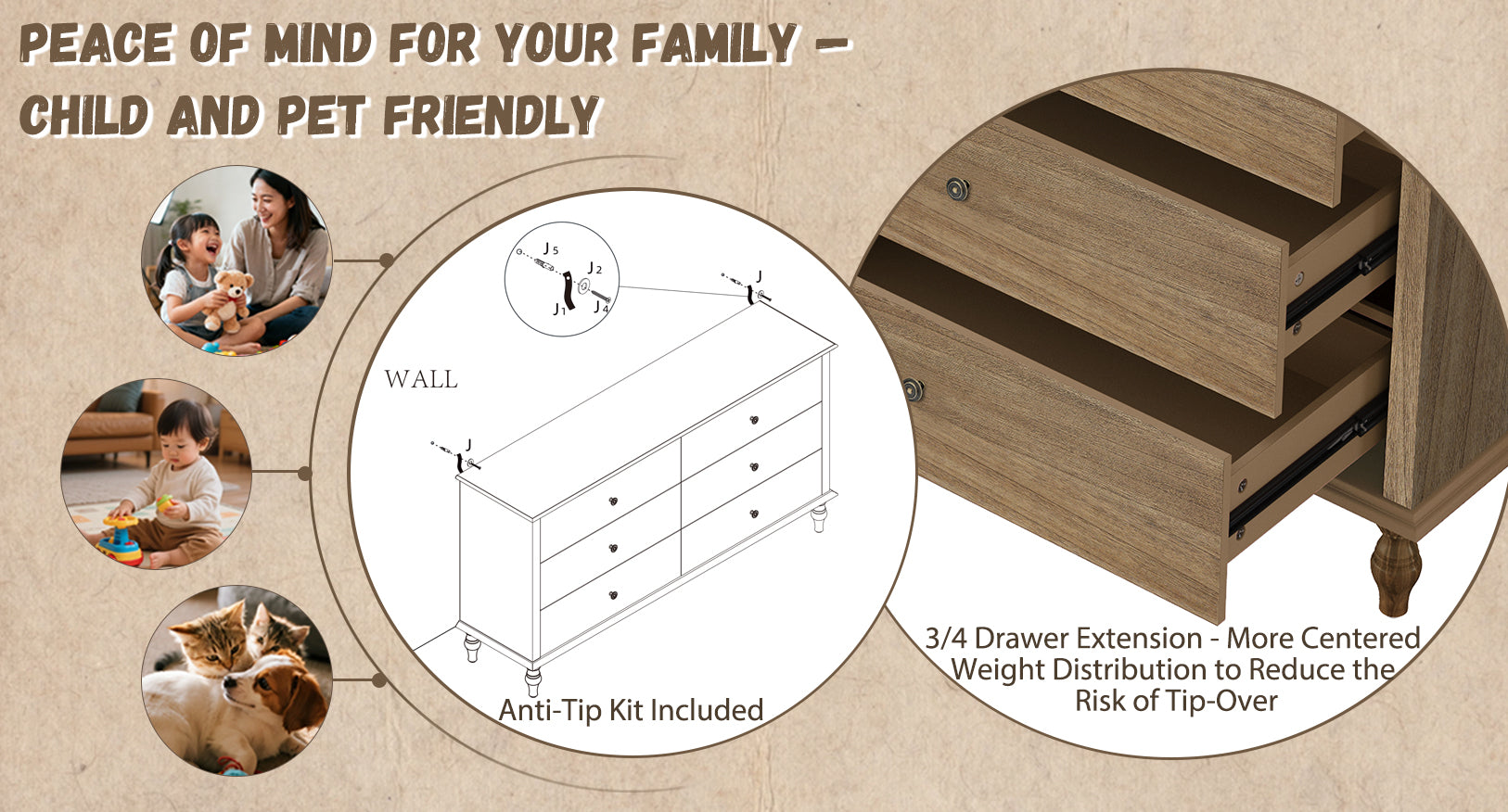 6-Drawer Double Wide Wood Dresser for Bedroom, Light Brown Burnt Wood Finish Storage Chest with Self-Closing Slides, Metal Copper Handles, Solid Wood Roman Column Legs, Anti-Tip Kit Included image 7