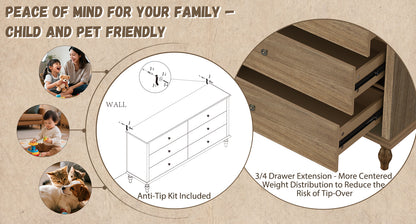 6-Drawer Double Wide Wood Dresser for Bedroom, Light Brown Burnt Wood Finish Storage Chest with Self-Closing Slides, Metal Copper Handles, Solid Wood Roman Column Legs, Anti-Tip Kit Included image 7