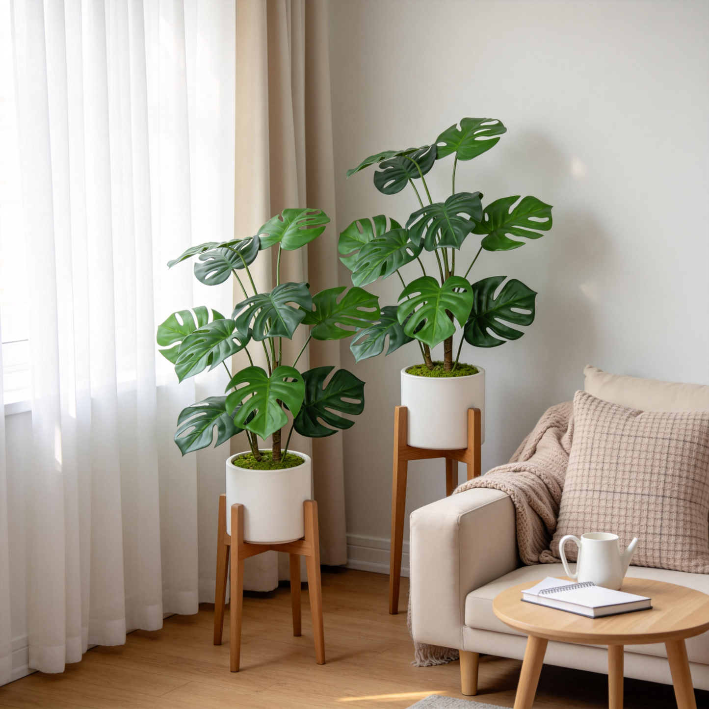 30'' Artificial Monstera Deliciosa Plant with White Pot, 2 pcs / set image 1