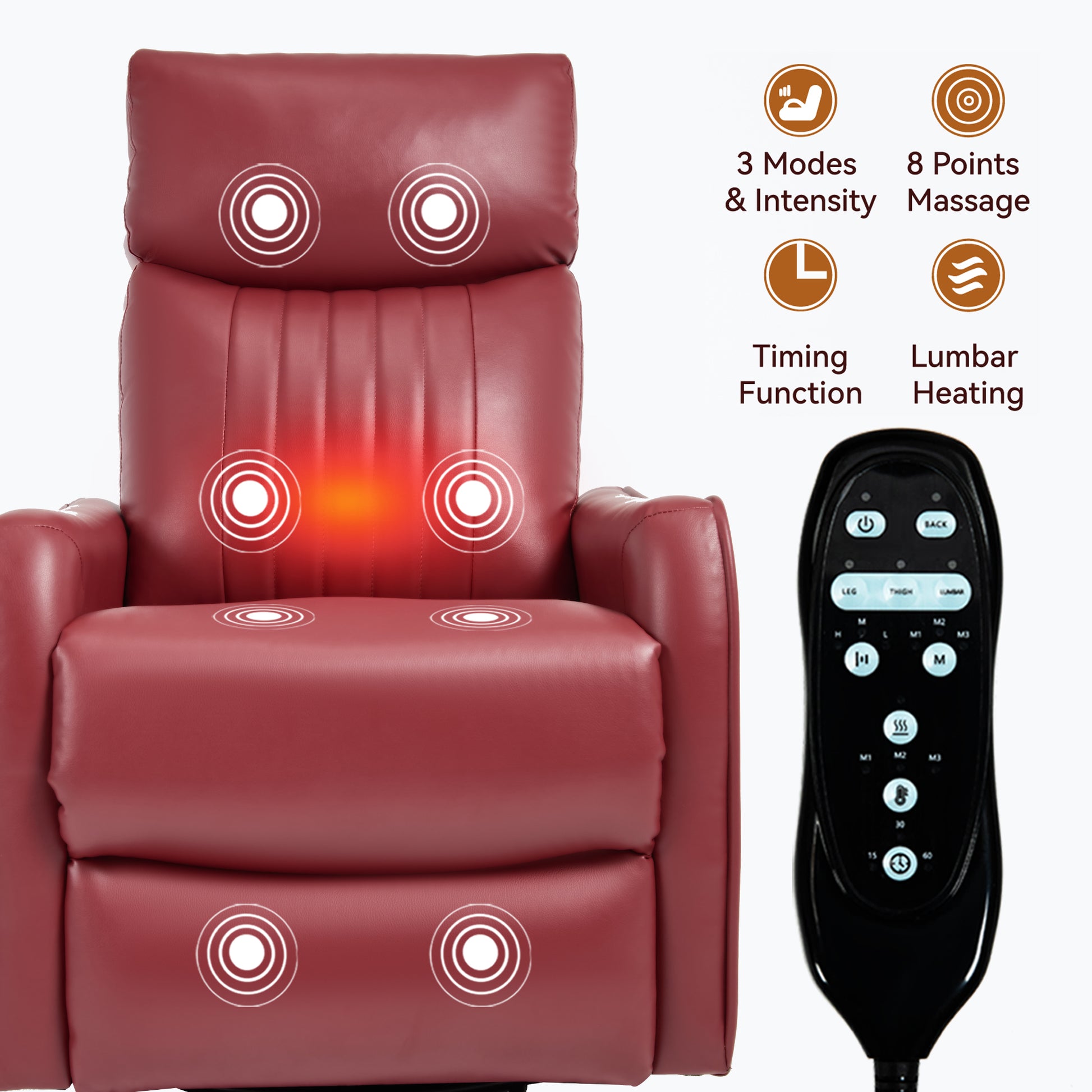 Red Faux Leather Heat Massage Manual Recliner Chair with Rocker and Swivel for Living Room image 9