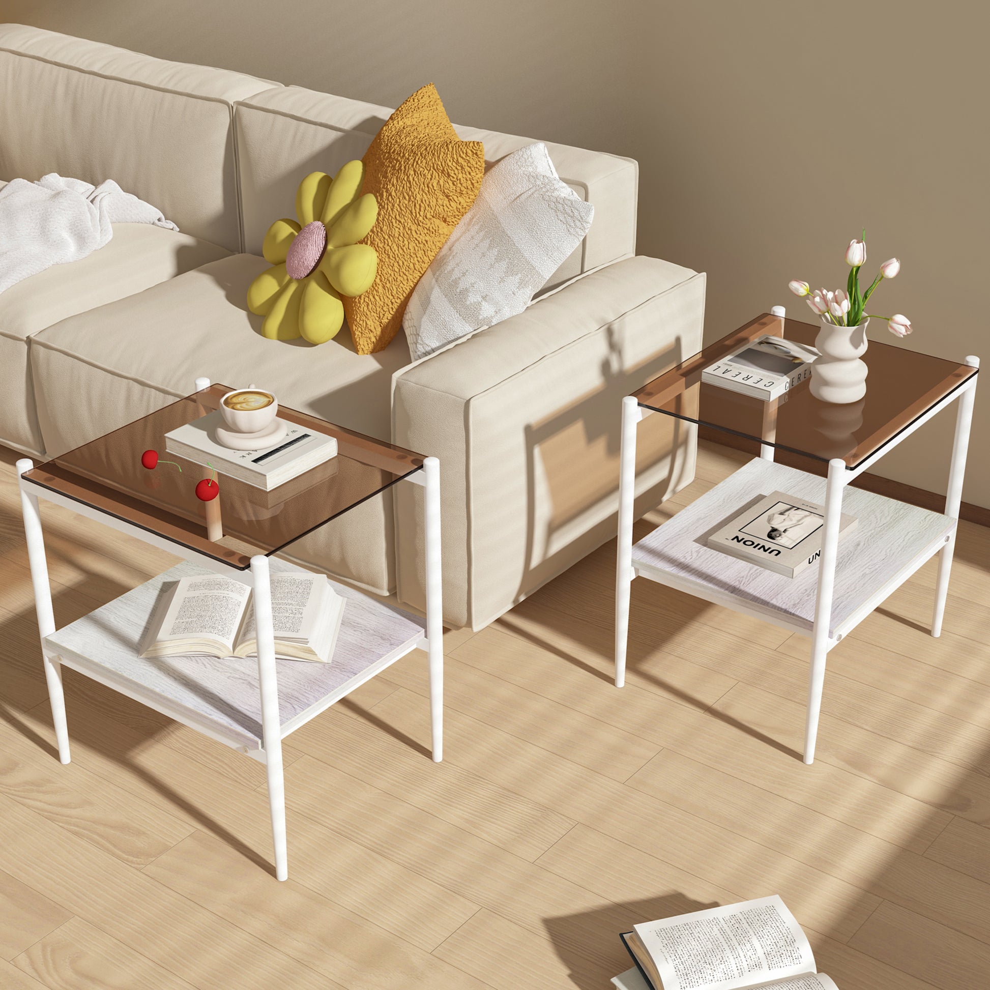 Set of 2 Rectangle End Table, Tempered Glass Tabletop with MDF layer, Modern Table for Living Room, Brown Glass image 2