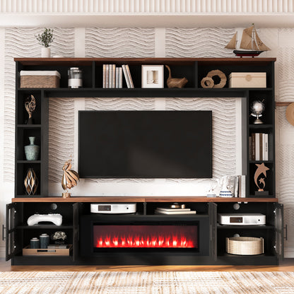 U-Can 95.5" W Wall Unit Entertainment Center with Bookshelves for TVs up to 80", Modern TV Stand Media Console with electric fireplace Cabinets, and Adjustable Shelves for Living Room image 2