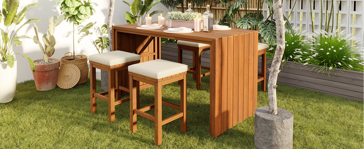 5 Piece Outdoor Bar Set, Patio Acacia Wood Bar Height Table & Four Stools with Cushions, Wood Dining Bar Set for Backyard, Poolside, Balcony, Beige Cushion and Natural Wood image 9