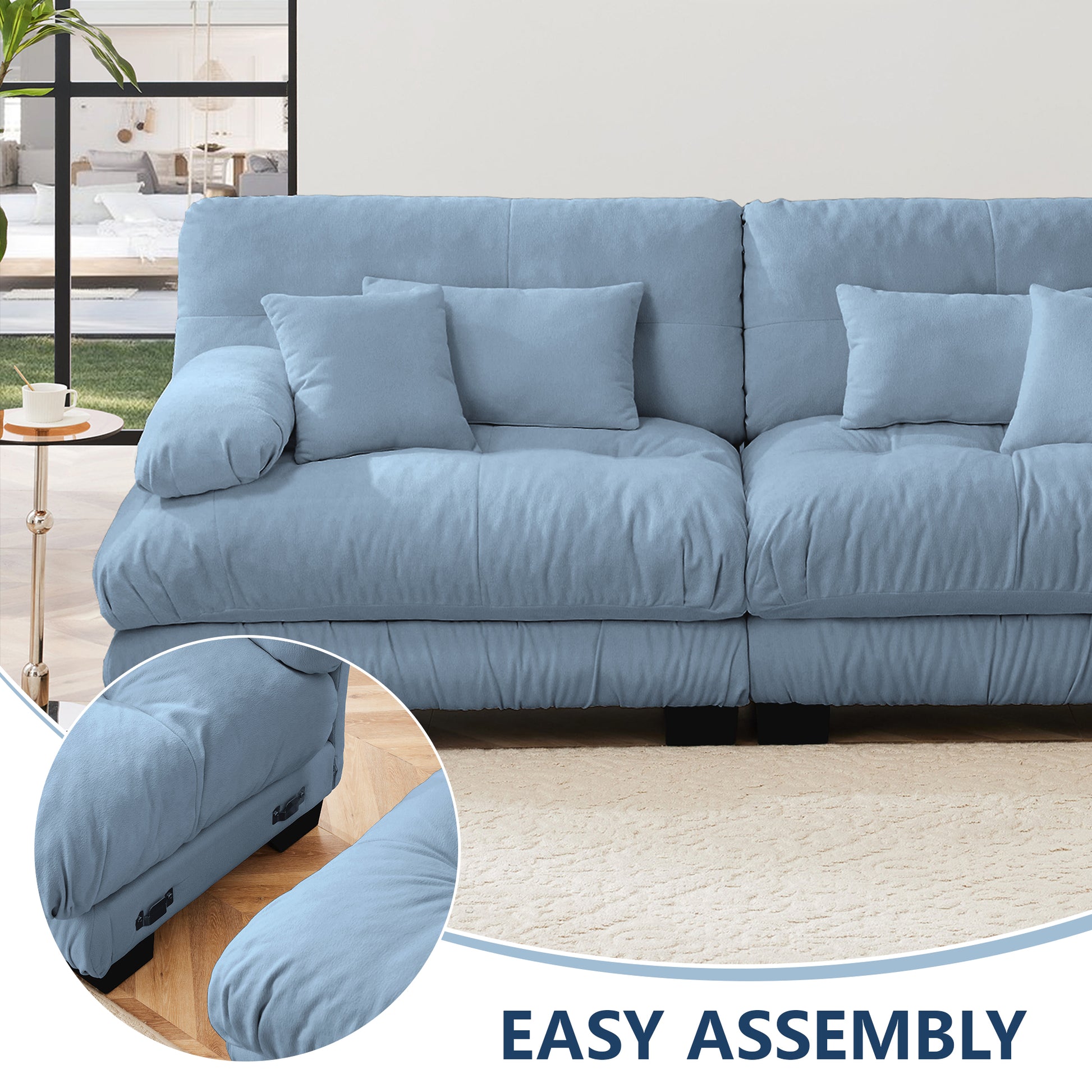 Cloud Couch Sectional Sofa for Living Room, Chenille 2 Seater Sofa with 2 Lumbar pillows and 2 throw pillows, Upholstered Wide Arm Sofa with Convertible Ottoman,Chenille Blue image 7