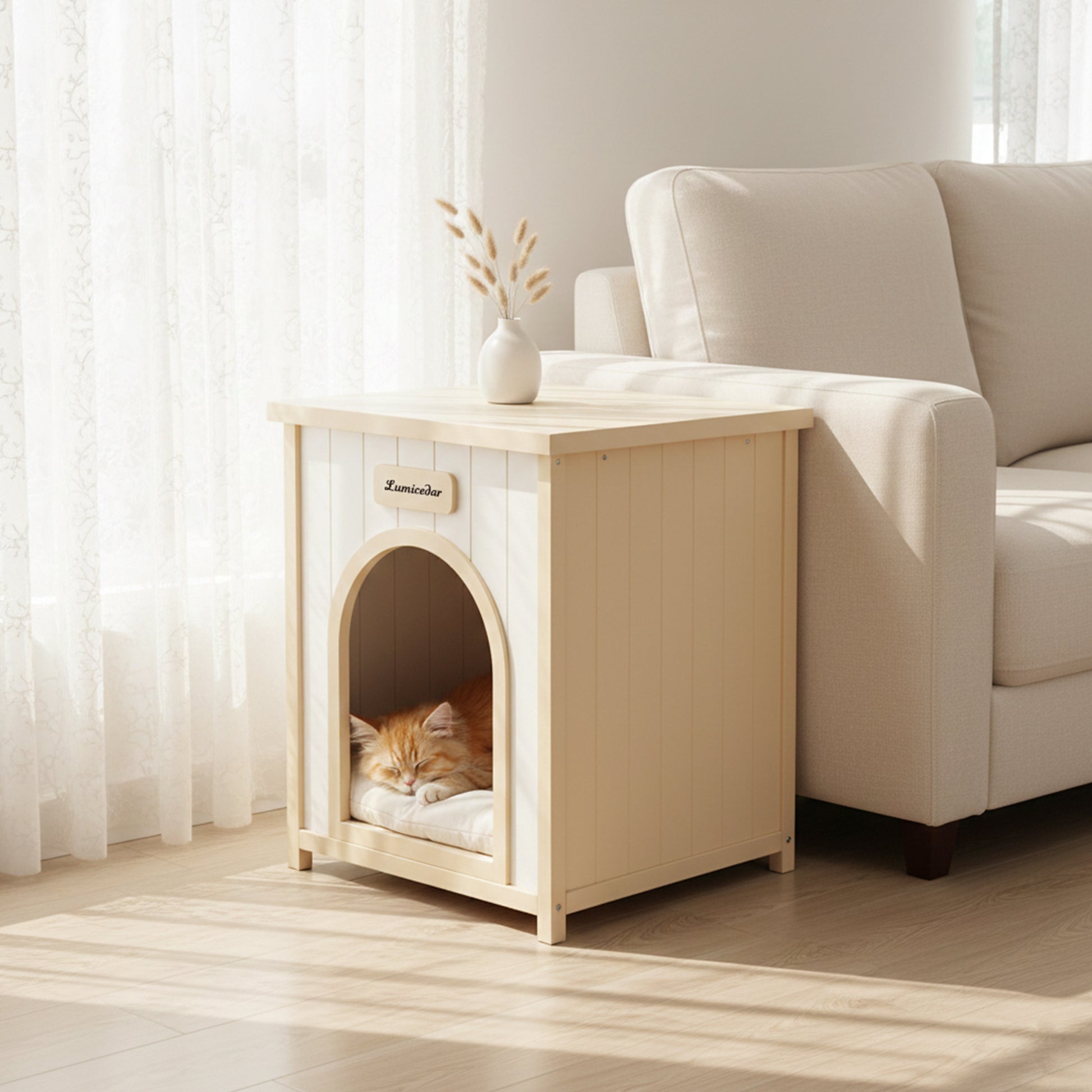 Modern Indoor Wooden Dog House with Removable Cushion – Solid Cedar Pet House for Small Dogs & Cats, Furniture-Grade Scandinavian Design image 1