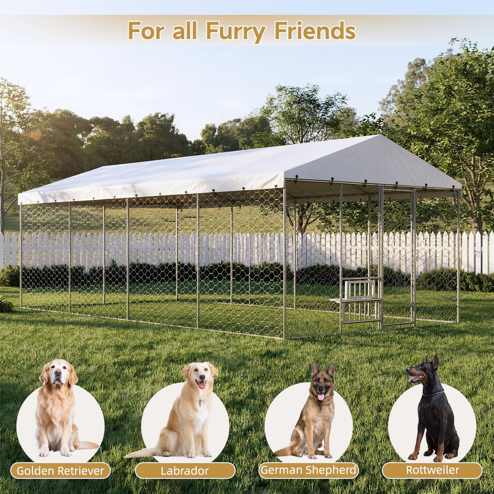 20x10 FT Large Outdoor Dog Kennel with Canopy, Heavy Duty Galvanized Steel Frame, Waterproof Cover, Built-in Elevated Feeding Bowls, Escape-Proof Lockable Pet Playpen for Large Dogs & Multiple Animal image 5