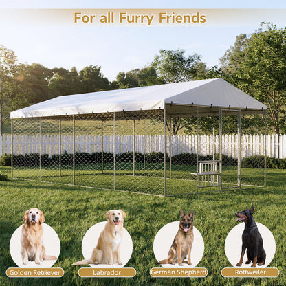 20x10 FT Large Outdoor Dog Kennel with Canopy, Heavy Duty Galvanized Steel Frame, Waterproof Cover, Built-in Elevated Feeding Bowls, Escape-Proof Lockable Pet Playpen for Large Dogs & Multiple Animal image 5
