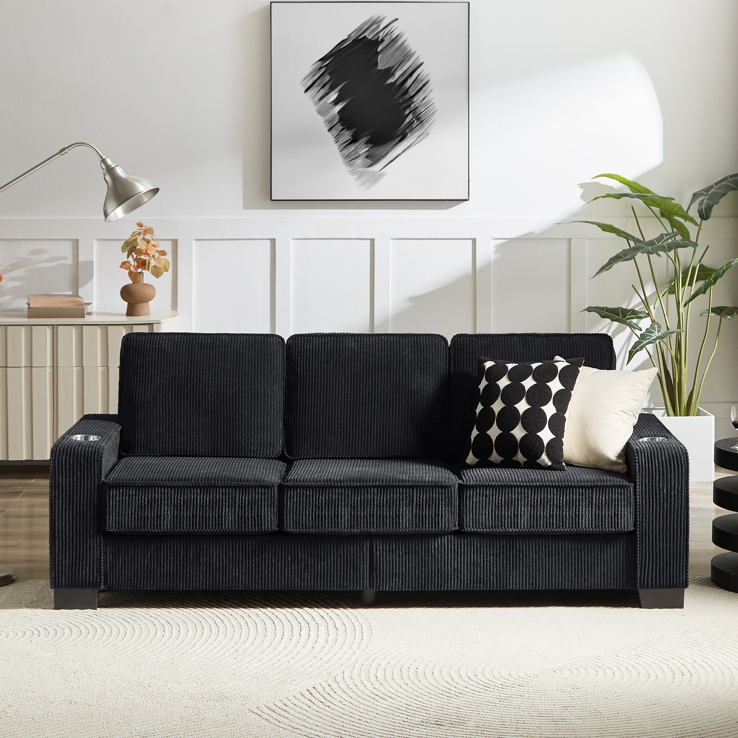 83.86"Corduroy Fabric sofa,Modern Compressed Couch,3-Seater Sofa, Furniture for Living Room,Bedroom,office,Black image 2