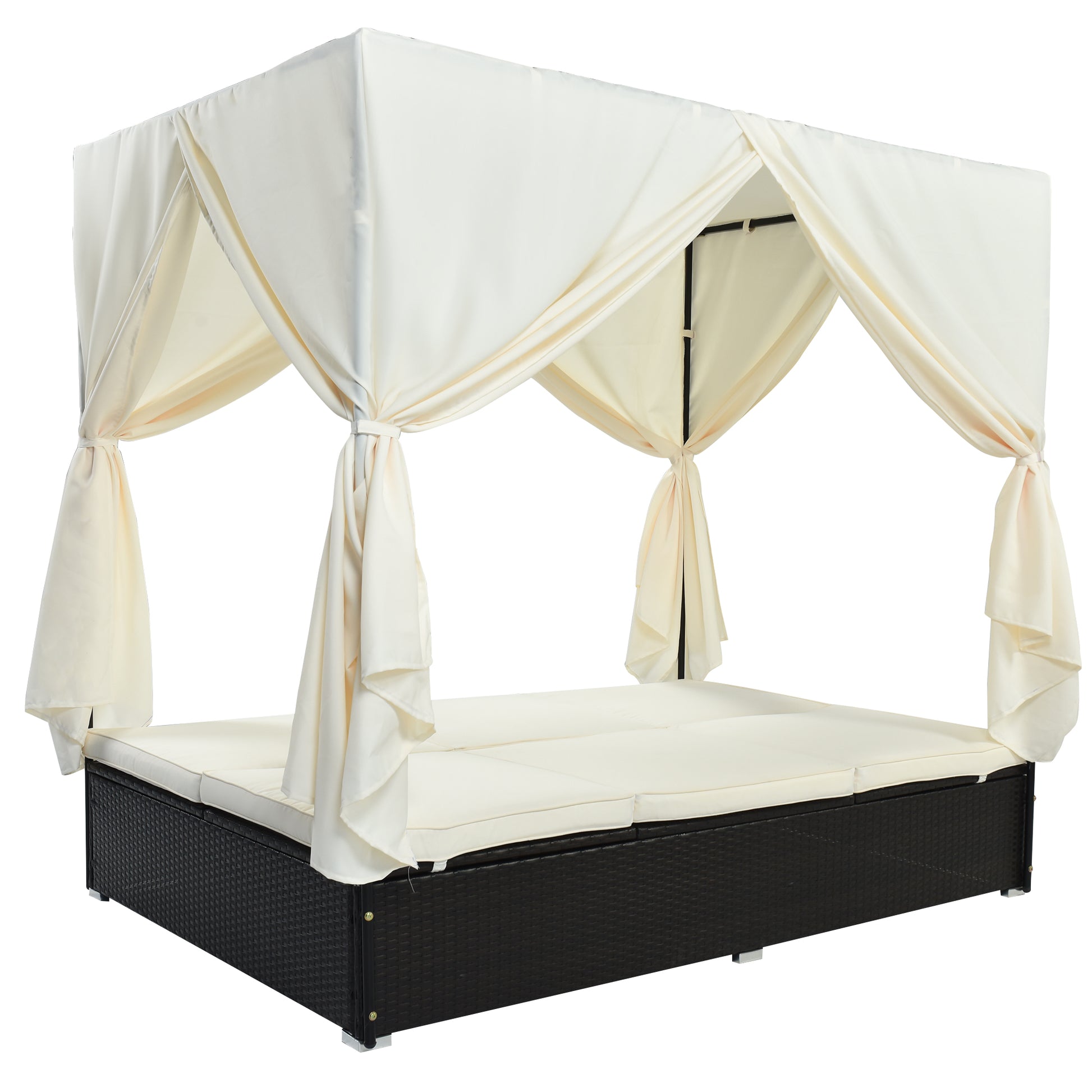 U_STYLE Outdoor Double Chaise Lounge Daybed with Curtains,Patio Outdoor Sunbed with Adjustable Backrest, Sturdy Steel Frame Loveseat Sofa for Backyard,Poolside, Terrace image 10