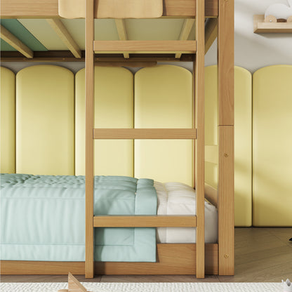 Triple Rubber Wood Bunk Bed with Two Built-in Ladders, Guardrails, Twin over Twin over Twin, Detachable Triple Twin Bunk Bed,Natural image 12