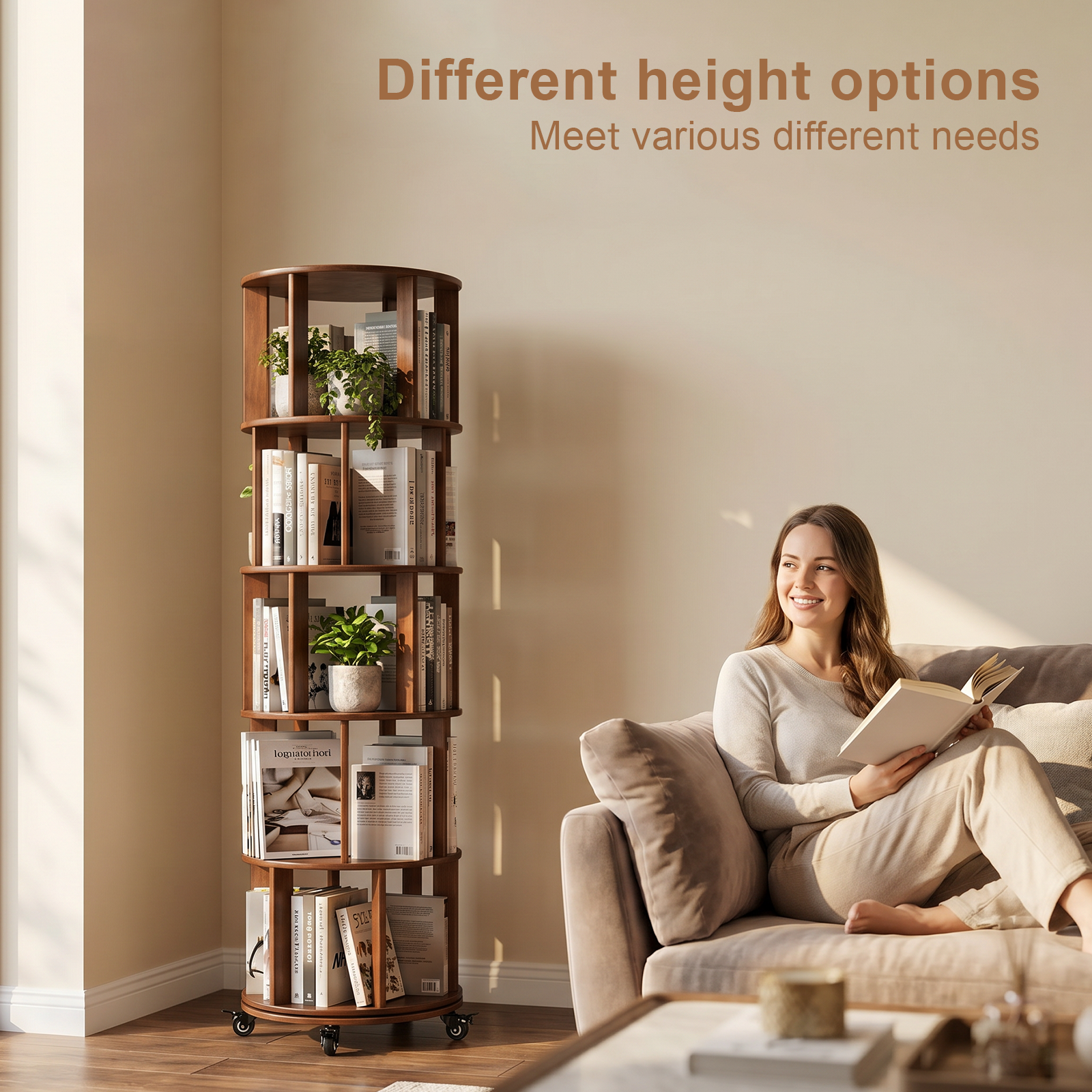 6 Tier Rotating Bookshelf, Solid Wood Rotating Bookshelf Tower with Wheels, 360° Display Round Spinning Bookshelf for Small Spaces, Corner, Bedroom, Living Room, Home, Office, Walnut image 7