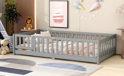 Twin Size Floor Bed with Fence and Door,Rubber Wood Floor Bed with Safety Guardrails,Grey (Old Sku W504P286372) image 12