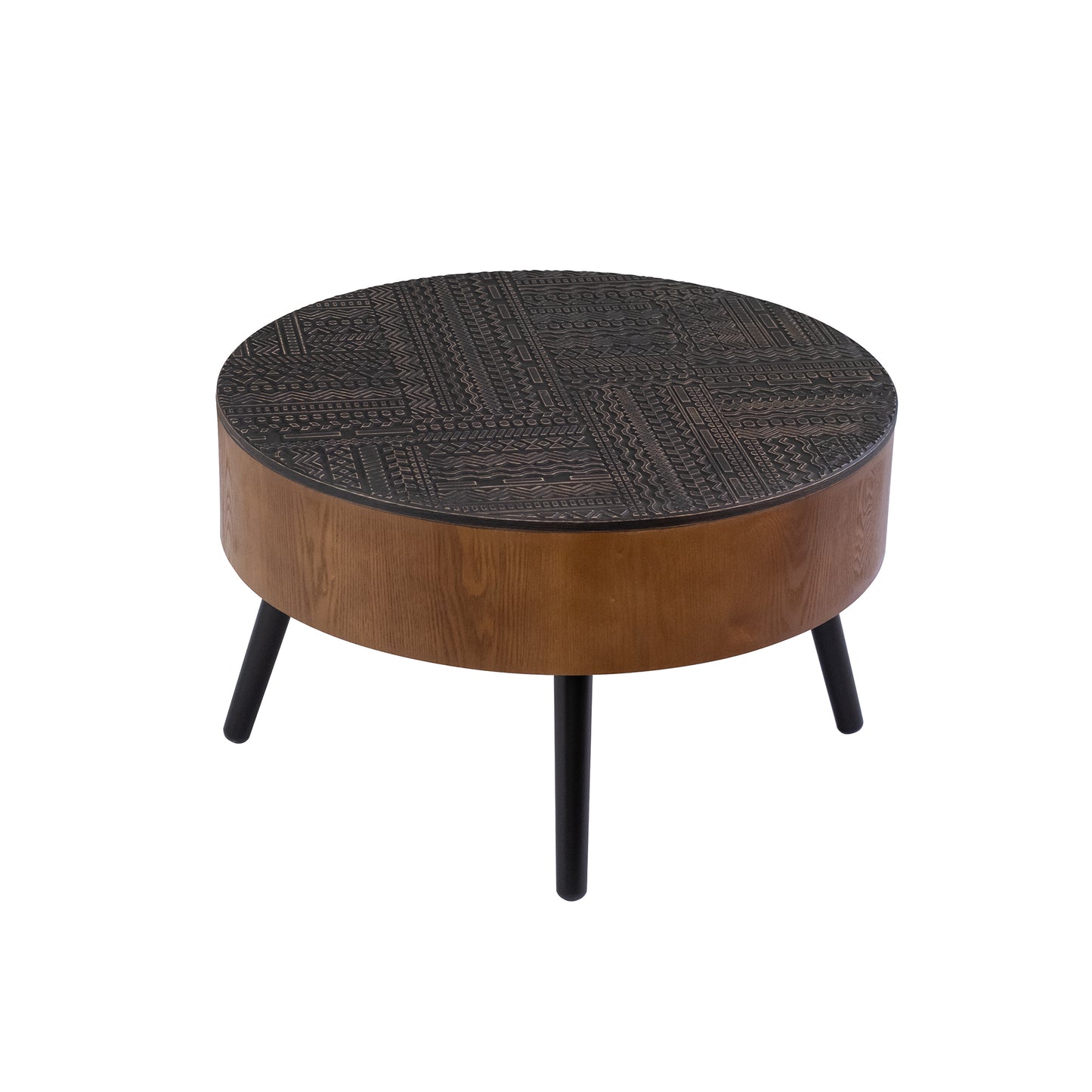 31.5-inch Round Carved Coffee Table with Storage Space, Mid-Century Modern Style Wooden Coffee Table, Four-Leg Design, 18-inch High, Living Room Accent Table (Brown and Black) image 10