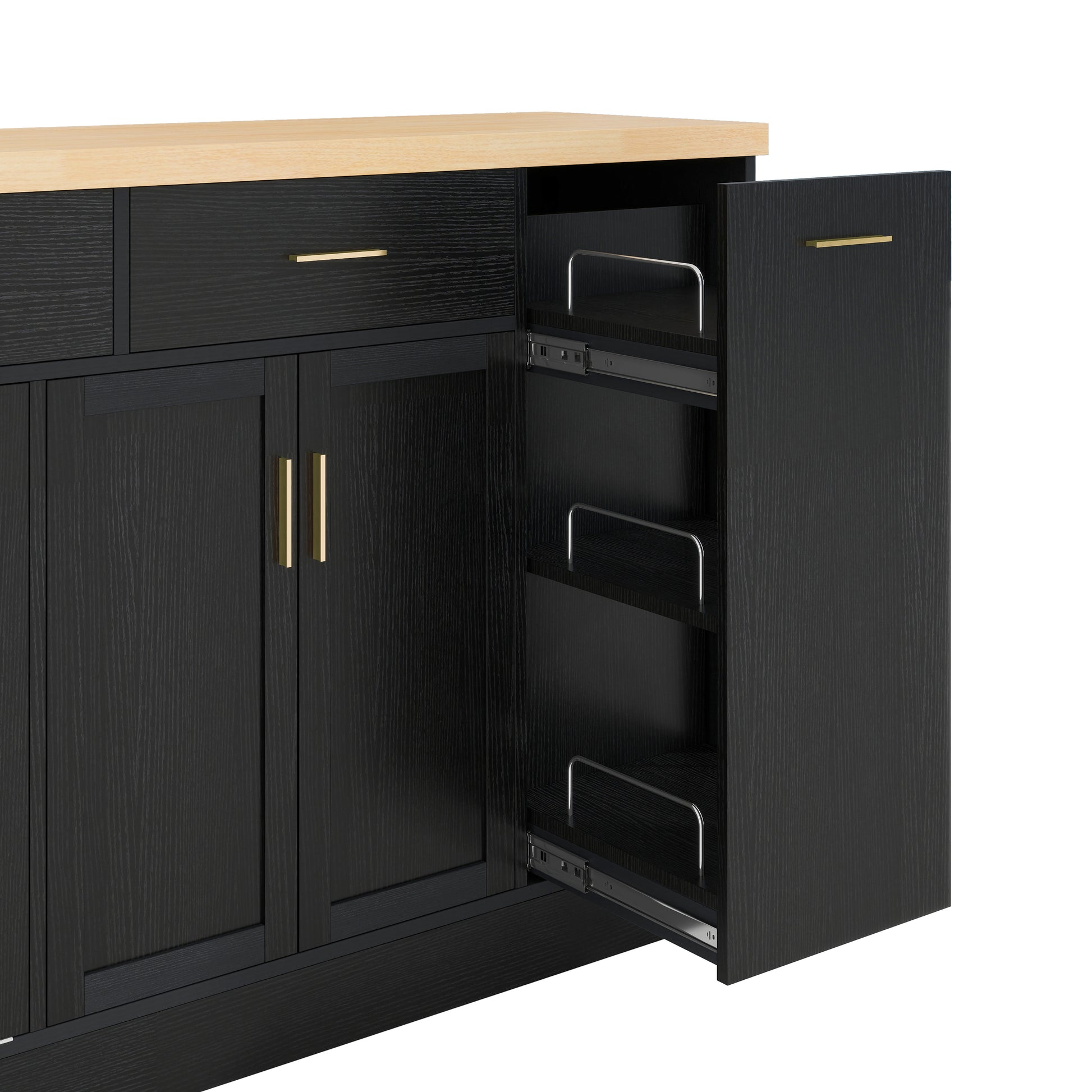 TREXM Multi-Functional Storage Sideboard, Trash Can Storage, Sliding Door Cabinet & 3-Tier Spice Rack,Kitchen Island Table for Kitchen, Dining Room (Black) image 9