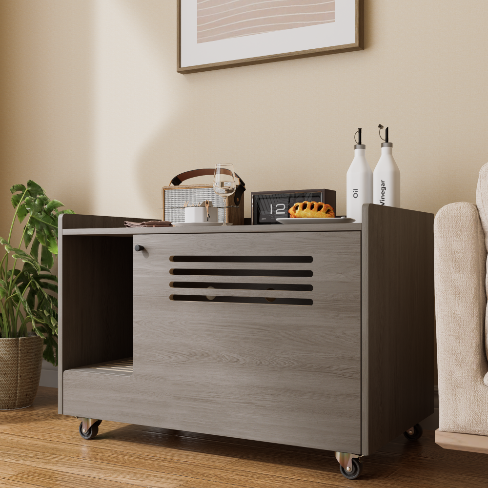 Gray Cat Litter Box Enclosure,Hidden Litter Box Furniture with top side fence,Wooden Pet House Side End Table, Storage Cabinet Bench for Living Room,,Bedroom, Fit Most of Litter Box