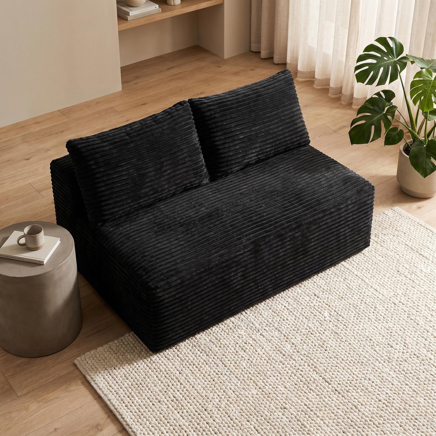 Black Corduroy Ground-Hugging Compressed Loveseat, Armless No-Legs 2-Seater Sofa for Living Room Small Apartment image 6