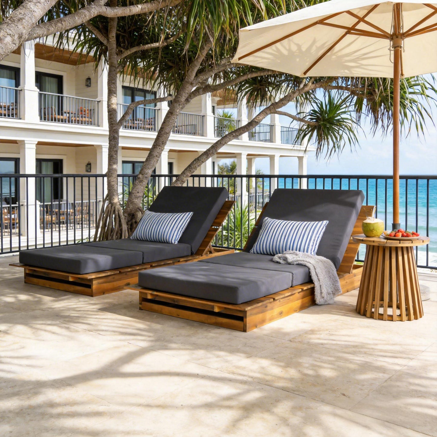 Acacia Wood Chaise Lounge with 4" Thick 3-Fold Dark Gray Movable Cushion – Wide Teak Finish Patio Lounger, 3-Position Recliner, 400 lbs Capacity image 6