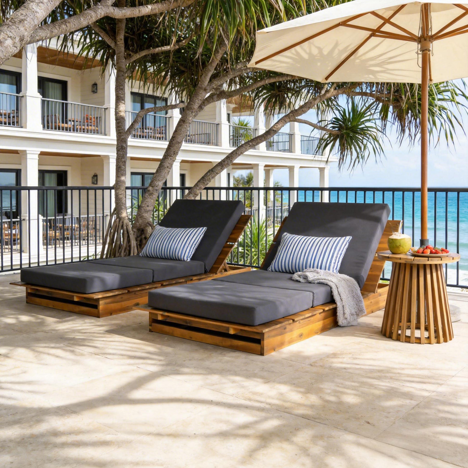 Acacia Wood Chaise Lounge with 4" Thick 3-Fold Dark Gray Movable Cushion – Wide Teak Finish Patio Lounger, 3-Position Recliner, 400 lbs Capacity image 6