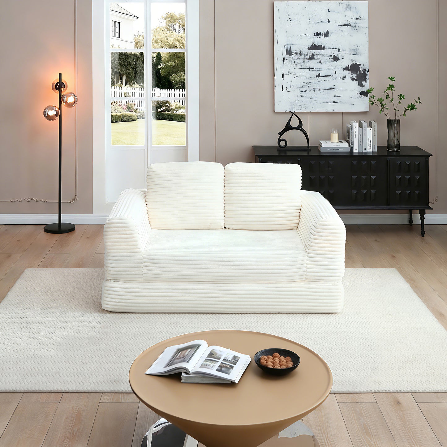 2-in-1 Folding Convertible Sofa Bed, Modern Corduroy Sleeper Couch with 2*pillows, Futon Modular Upholstered Boneless Loveseat with Pull-Out Bed,Folding Floor Modular Couch for Living Room Beige image 1