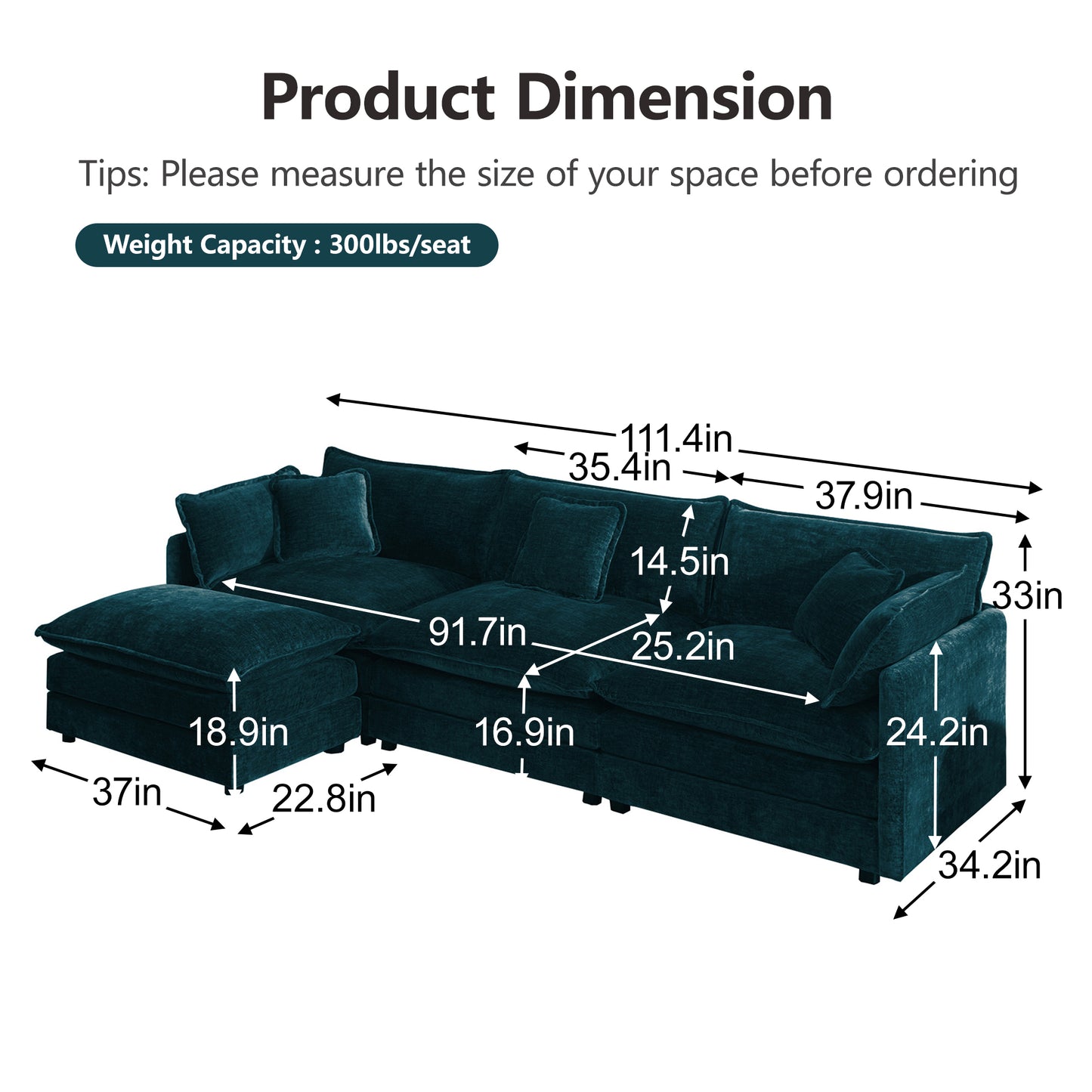 Free Combination Comfy Upholstery Modular Oversized L Shaped Sectional Sofa With Reversible Ottoman, Blue Chenille image 5