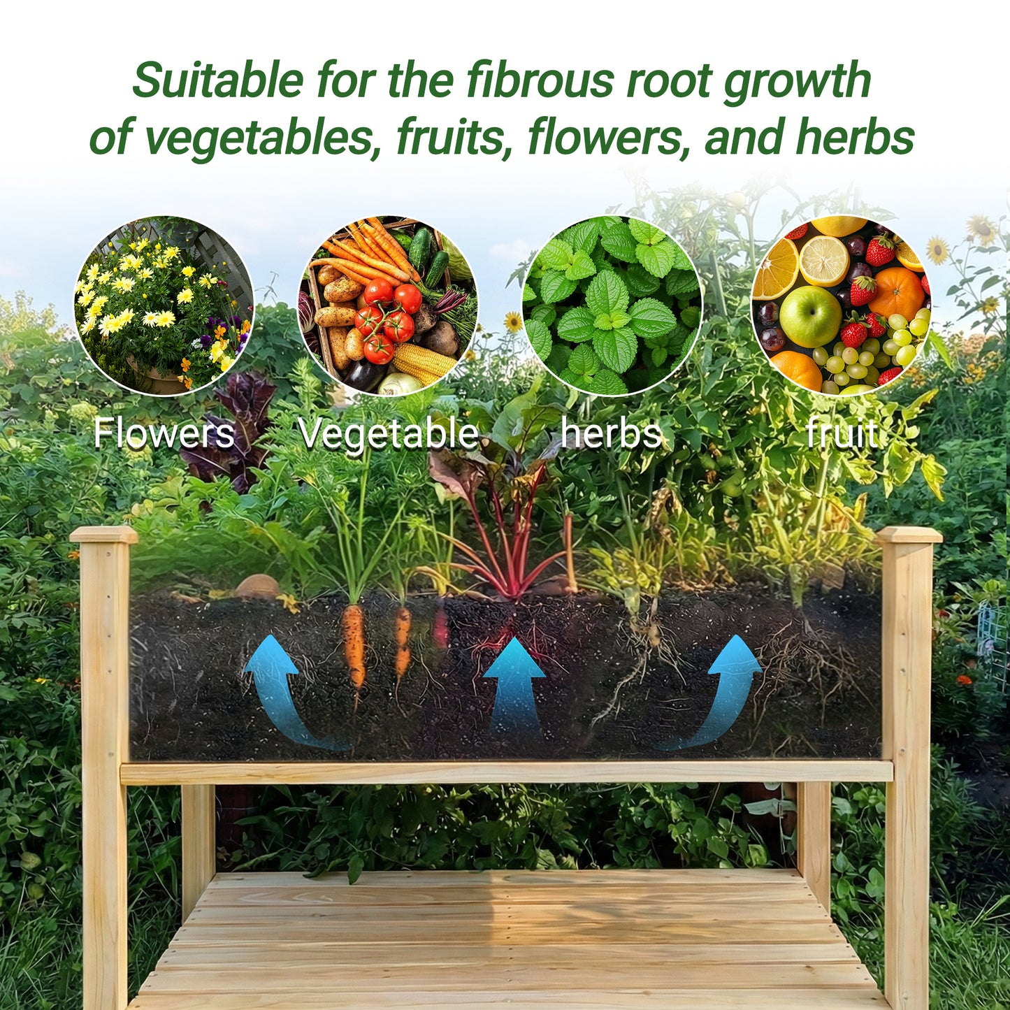 Raised Garden Bed 48x23x31.1-inch Elevated Wood Planter with Water Collection Tray, Storage Shelf, Protective Liner image 12