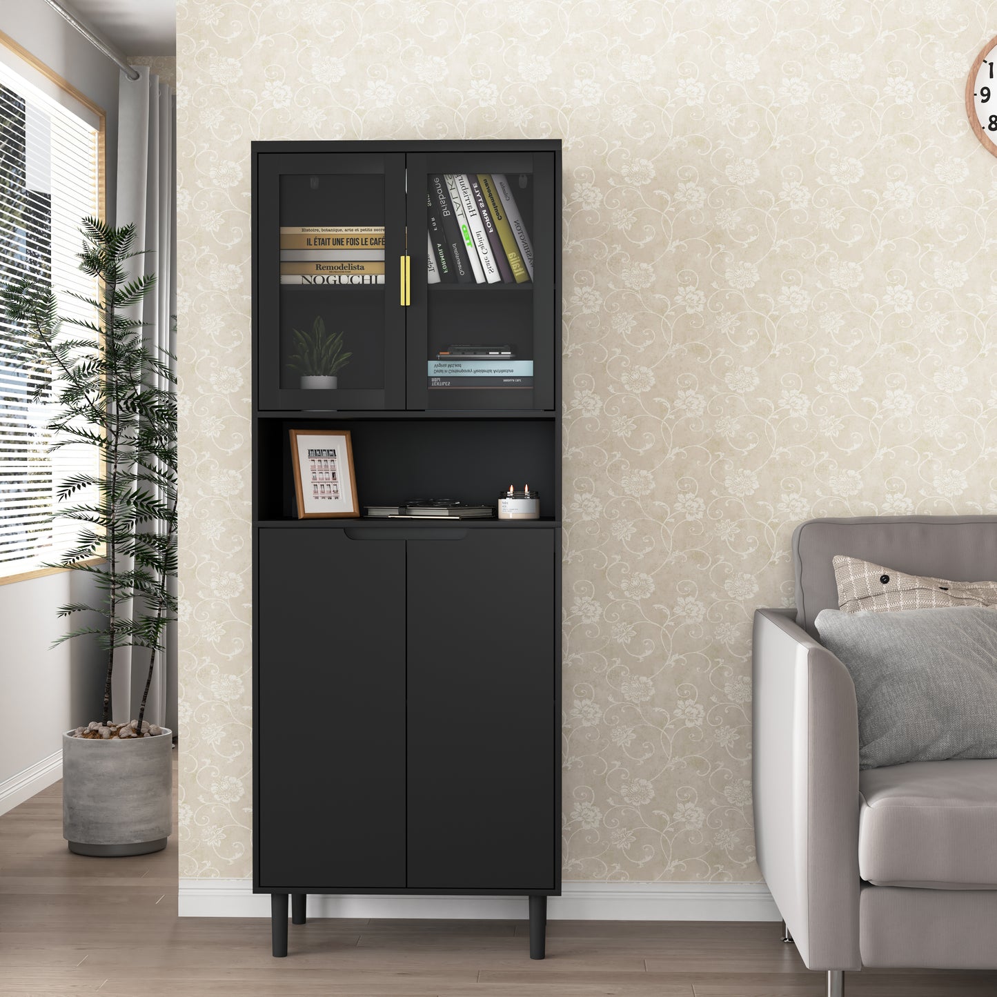 Tempered Glass Door Tall Storage Bookcase with adjustable board, 4 doors MDF painting finished cabinet, Black, Living room Bedroom storage image 2