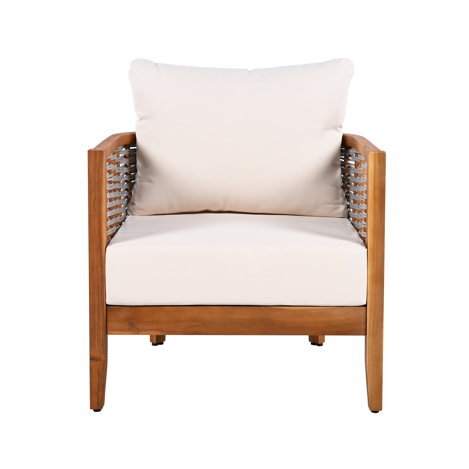 Outdoor Unique Tub Design Armchair with Woven Rope, Patio Furniture Acacia Wood Chair, Deep Seating with Soft Cushions for Porch, Garden, Backyard, Balcony, Teak Finish & Beige Cushion image 5